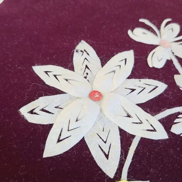 Handcrafted Floral Applique On Deep Burgundy Velvet 1970's White Petals Sequence - Picture 5 of 11